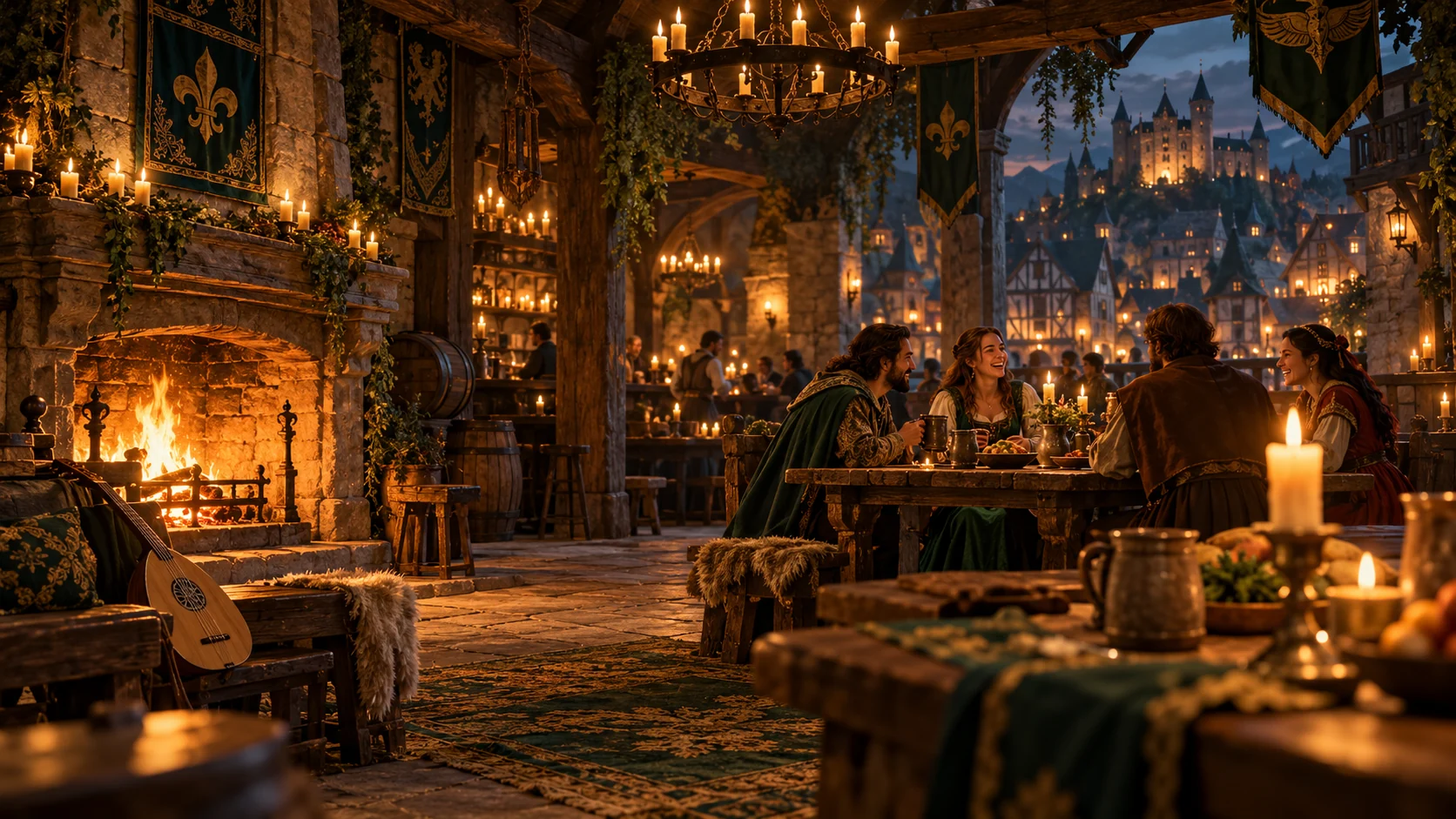 Une taverne médiévale chaleureuse, éclairée à la bougie